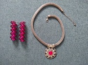 Naszyjnik srebrny różowy róż zawieszka + kolczyki długie wiszące różowe 