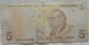 Turcja 5 lir lirasi 2009 P #222a Historyk nauki profesor Dr Aydin Sayili 
