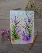 "Lawendowy poranek" - Akwarela ręcznie malowana