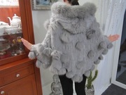 nowe ponczo w całości z futra naturalnego lis tkany szare