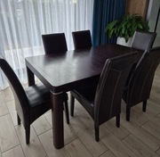 Dębowy stół + 6 skórzanych  krzeseł - czekoladowy