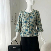 Romantyczna szałwiowa bluzka w kwiaty Darling len wiskoza bawełna retro