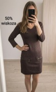 Brązowa sukienka mini S 36 złota nitka do pracy casual impreza Pretty Girl