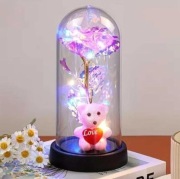 Prezent na Walentynki RÓŻOWY Miś i Róża LED z w Szklanej Kopule