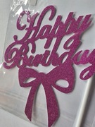 Topper na tort ozdoba rozowy brokat Happy Birthday urodziny