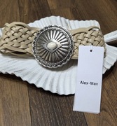 Pleciony pasek damski z piękną ozdobną klamrą regulowany ekoskóra beż