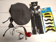 Retro gangster kaszkiet szelki wąsy okulary zegar fajka muszka