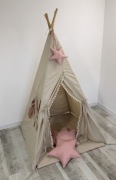 TIPI namiot wigwam beż - brudny róż, pomponiki, zestaw 90x90