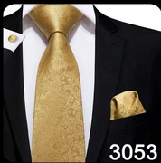 3053 Elegancki Zestaw Krawat Poszetka Spinki Wesele - Złoty
