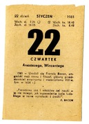 Kartka z kalendarza z 22.01.1981 r. Metryczka urodzin, itp. !! ORYGINALNA !