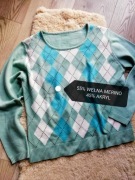 Miętowy wiosenny sweter merino romby lekki oversize Vintage S M 36 38