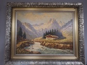 Stary duży obraz olejny na drewnie z przepiękną ramą 