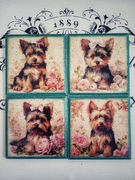 Ozdobne podkładki z pieskami Yorkshire Terrier vintage shabby chic kwiaty 