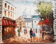 Obraz olej na płótnie. Place du Tertre Paryż. Sygnatura Burnel??