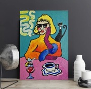 Obraz ręcznie malowany olejny portret z kotem rozmowa kawa, drink i alibi