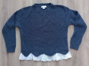 Linea Tesini granatowy sweter z gipiurą haftowana falbanka 