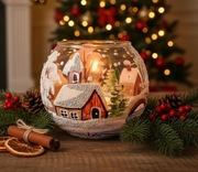 Świecznik szklany 8 cm HANDMADE – Wypalany, trwały wzór – Domki, rzeka