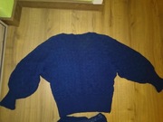 Sweter wełniany robiony na drutach granatowy PRL vintage wełna