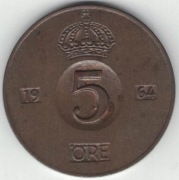 Szwecja 5 ore 1964 "50" w koronie rzadki wariant