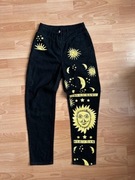 Czarne jeansy vintage Słońce & Księżyc unikatowy print  Y2K / retro