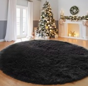 Czarny Puszysty Pluszowy Dywanik 80x80 cm – Miękki