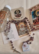 Różaniec z kamienia z MB z Gietrzwałdu + cudowna woda ze żródełka + etui na