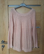 Pudrowy róż sweter z perełkami ażurowy delikatny kobiecy M