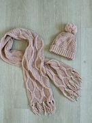 NOWY komplet zimowy damski czapka z pomponem szal z frędzlami pleciony