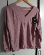 Sweter Pudrowy Różowy Guziki na Rękawach Dekolt V