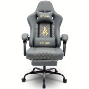 Fotel Gamingowy SYMINO – Ergonomiczny, Szary ze Złotym Haftem + Podnóżek