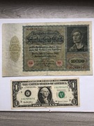 10 000 marek niemieckich z 1922 r. 1 dolar amerykański z 1999 r. Seria C