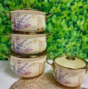 Piękny zestaw garnków emaliowanych. 8el. Złote uchwyty