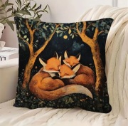 Baśniowa poszewka na poduszkę, las, śpiące liski, 45x45cm vintage