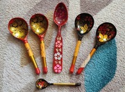 Chochłoma Dekoracyjny KOMPLET 6 Gruzińskich łyżek z czasów ZZSR PRL VINTAGE