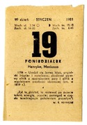 Kartka z kalendarza z 19.01.1981 r. Metryczka urodzin, itp. !! ORYGINALNA !