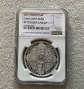 NGC PF70 ULTRA CAMEO 2021 Alderney,Gothic Crown Shield Coin, W. Brytania