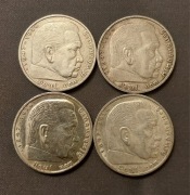 Monety 5 marek, 5 reichsmarek, 1936 - 1939 rok, 4 sztuki, srebro