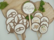 Pikery patyczki ozdoba na Ślub kraft tekturki drewniane z chrobotkiem 13szt