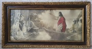 Stary duży obraz Jezus na łodzi błogosławi lud Obraz Sakralny Dewocyjny