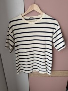 Kremowy T-shirt z krótkim rękawem w granatowe paski, Zara - rozm. S
