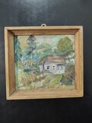 Stary obraz olejny – pejzaż wiejski z domem | oryginał | drewniana rama