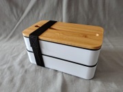 Lunchbox Valadeo typu Bento 2-poziomowy + sztućce + bambusowa pokrywka