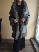 Vintage wełniany szary płaszcz ponczo Dom Mody Telimena z wełny z futrem