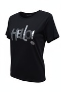 Bawełniany czarny T-shirt damski z ozdobnym hello, cyrkonie holo, S M L