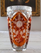 Wazon duży kryształowy miodowy, bursztynowe wstawki kwiaty y prl Vintage