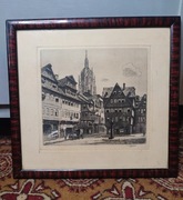 Akwaforta E. Quirin „Stary Frankfurt, widok na katedrę” (ok. 1930 r.)