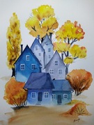 Akwarela, obraz kolorowe domki, A4