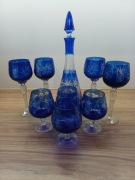 Kryształowe kobaltowe kieliszki + karafka (9 elementów