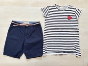 zestaw krótkie spodenki z paskiem H&M 8-9 134+ i t-shirt w paski Zara 8 128