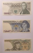 Zestaw banknotów PRL (5000zł Chopin, 1000zł Kopernik, 50zł Świerczewski) 